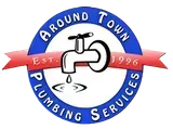 Logo for Around Town Plumbing Services: faucet with water drops, red ribbon, blue circle, and text.