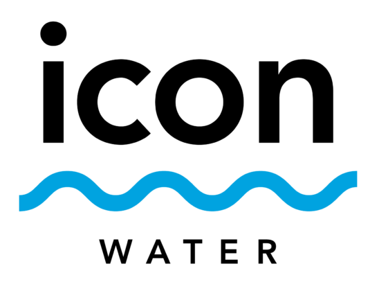 Icon Water logo: black "icon" text with a blue wave below, "WATER" in black.
