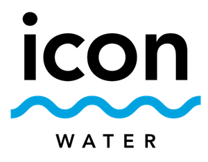 Icon Water logo: black "icon" text with a blue wave below, "WATER" in black.