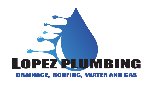 Lopez Plumbing logo with a blue water droplet and the company's services listed below.