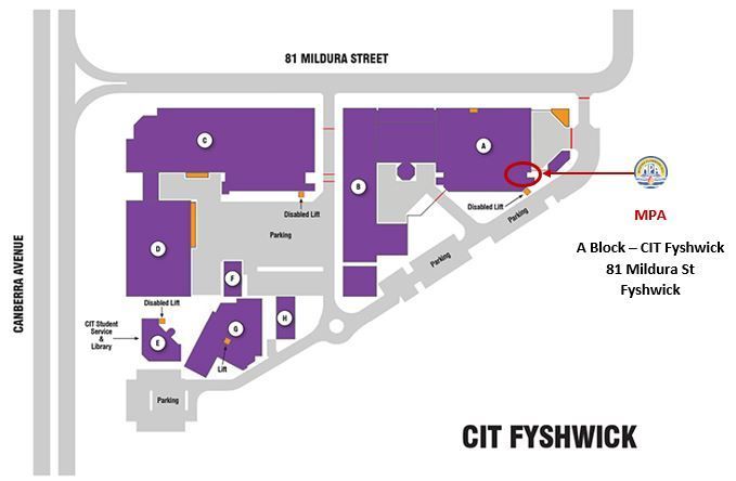 Map of CIT Fyshwick campus with labeled buildings and parking areas. The MFA building is circled.