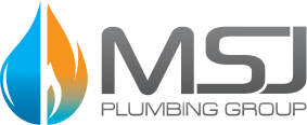 MSJ Plumbing Group logo with a blue and orange flame-shaped water drop and gray text.