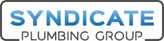 Logo for Syndicate Plumbing Group, white text on a blue background, in a rounded rectangle.
