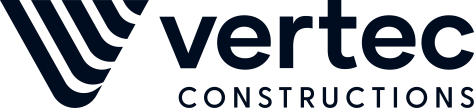 Logo of Vertec Constructions, navy blue text, a stylized navy blue design.