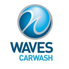 Waves Carwash logo: Blue sphere with stylized wave icon, blue text 
