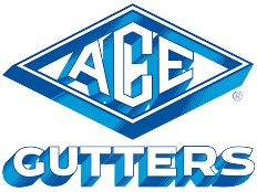 ACE Gutters logo: Blue diamond with "ACE" in white; "GUTTERS" below in blue shadow text.