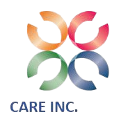 Logo of CARE INC. featuring four connected, colorful C-shaped designs in orange, red, green, and blue.