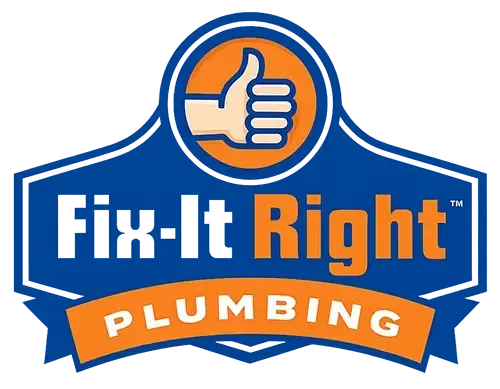 Logo for Fix-It Right Plumbing. Blue badge with orange accents, thumbs up symbol, and company name.