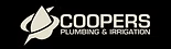 Logo for Coopers Plumbing & Irrigation with a water drop design and white text on a black background.