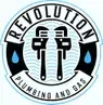 Logo of Revolution Plumbing and Gas, featuring two crossed pipe wrenches and two blue water droplet icons.