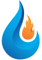 Blue water drop shape with orange flame.