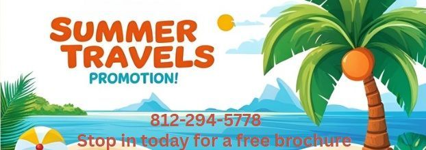 A summer travels promotion poster with a palm tree and a beach ball