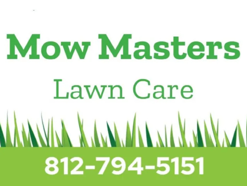 A logo for a company called mow masters lawn care