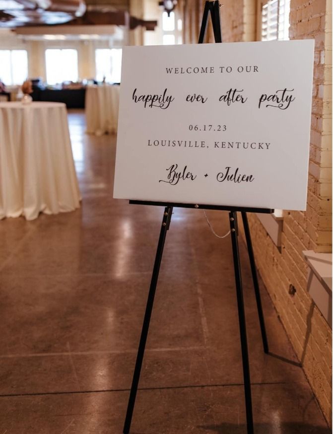 A sign on an easel that says welcome to our happily ever after party