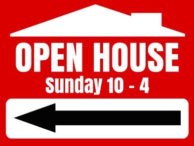 A red open house sign with a white house icon, text