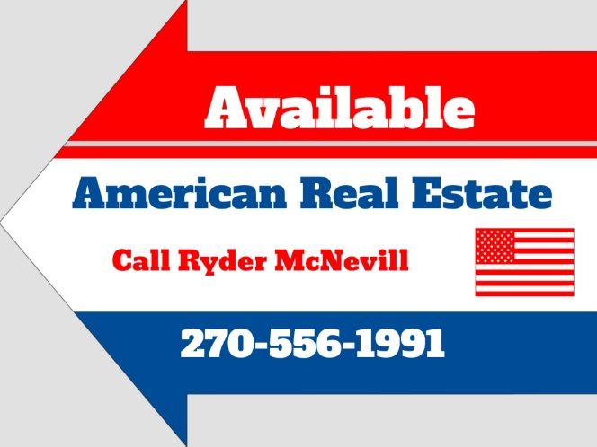 A red, white, and blue arrow-shaped real estate sign that says