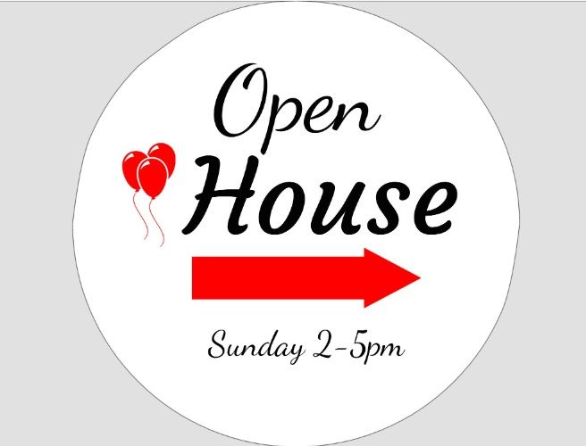 Circular Open House sign with red balloons, a red directional arrow pointing right, and the text