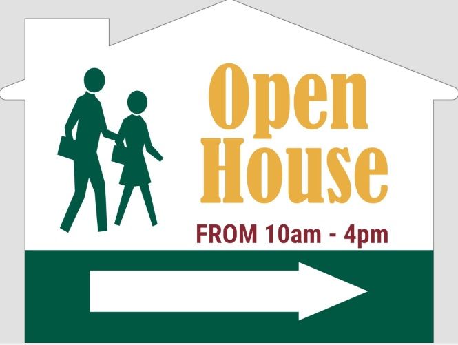 Open House sign with a house shape, a directional arrow, and text: