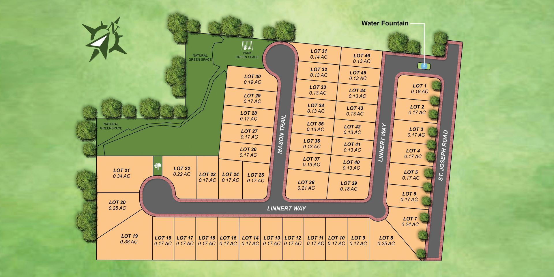 A plot map of a residential housing development showing numbered lots, roads, and a green space on a light green background.