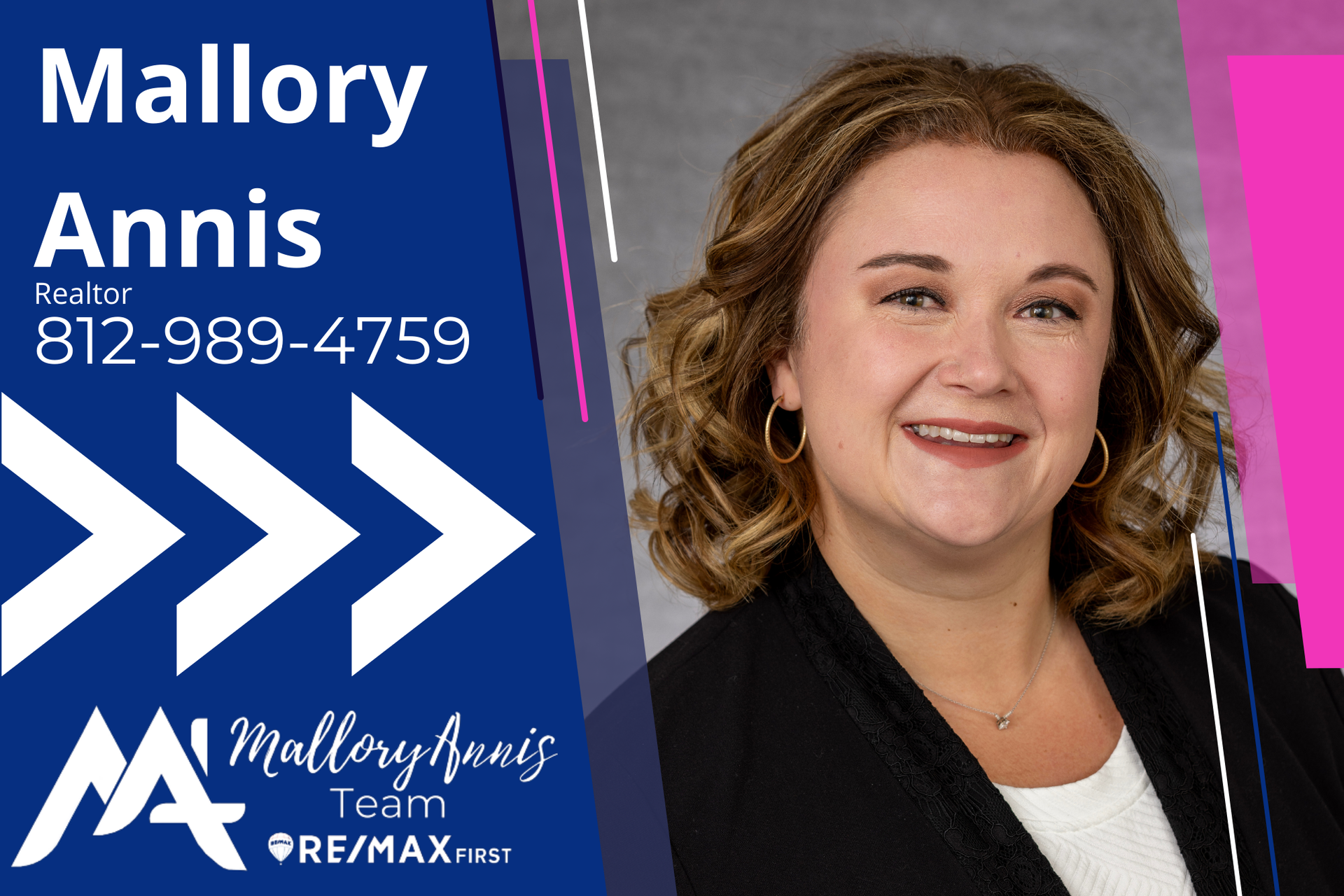 Mallory Annis, Realtor with RE/MAX First, smiles in a professional headshot on a blue and pink graphic background.