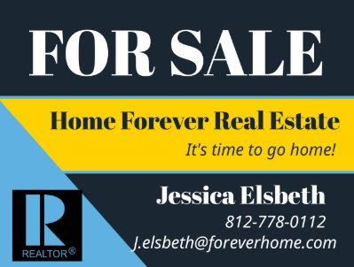 A yellow, blue, and black real estate sign for Jessica Elsbeth of Home Forever Real Estate, featuring her contact details.