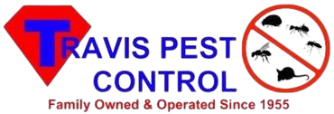 Logo for Travis Pest Control: Red diamond with blue "T", blue text "Travis Pest Control," and pests crossed out in a circle.