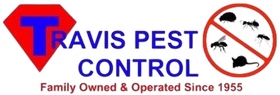 Logo for Travis Pest Control: Red diamond with blue "T", blue text "Travis Pest Control," and pests crossed out in a circle.