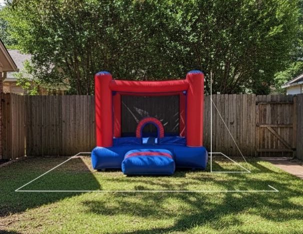 Backyard bounce house setup showing space planning for proper fit