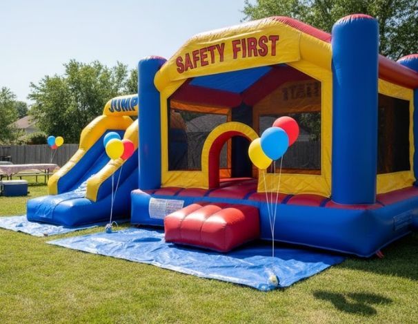 Colorful bounce house with slide promoting safe and fun party rentals
