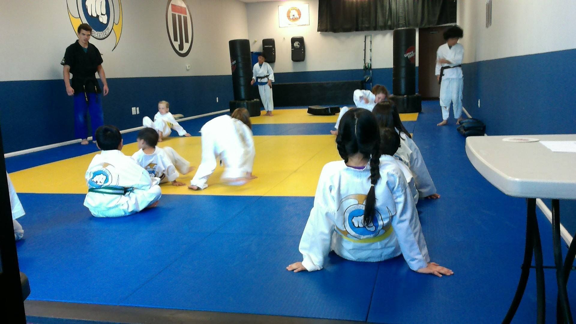 A group of kids are practicing martial arts in a gym