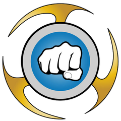 A fist in a blue circle with a gold circle around it