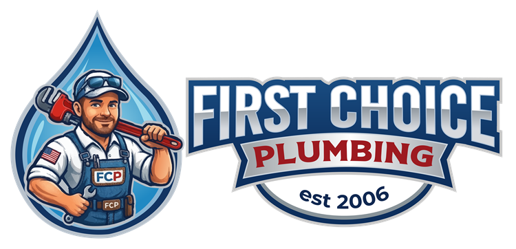 First Choice Plumbing logo with cartoon plumber in blue beside shield emblem and est. 2006 text