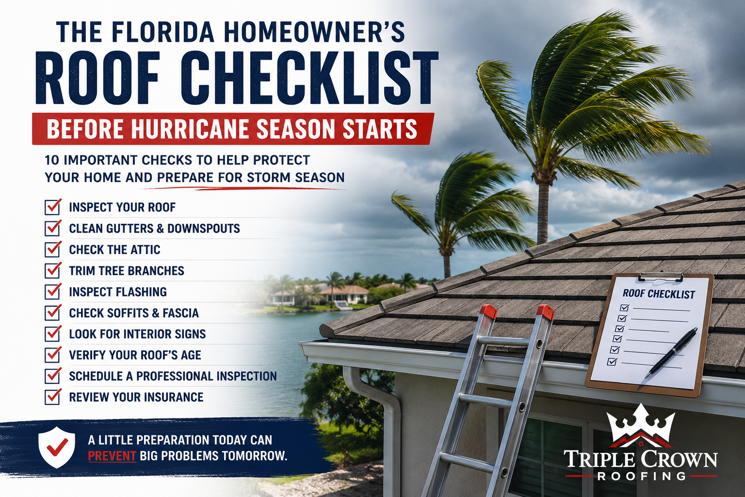 Florida residential roof inspection checklist before hurricane season featuring storm clouds, palm t