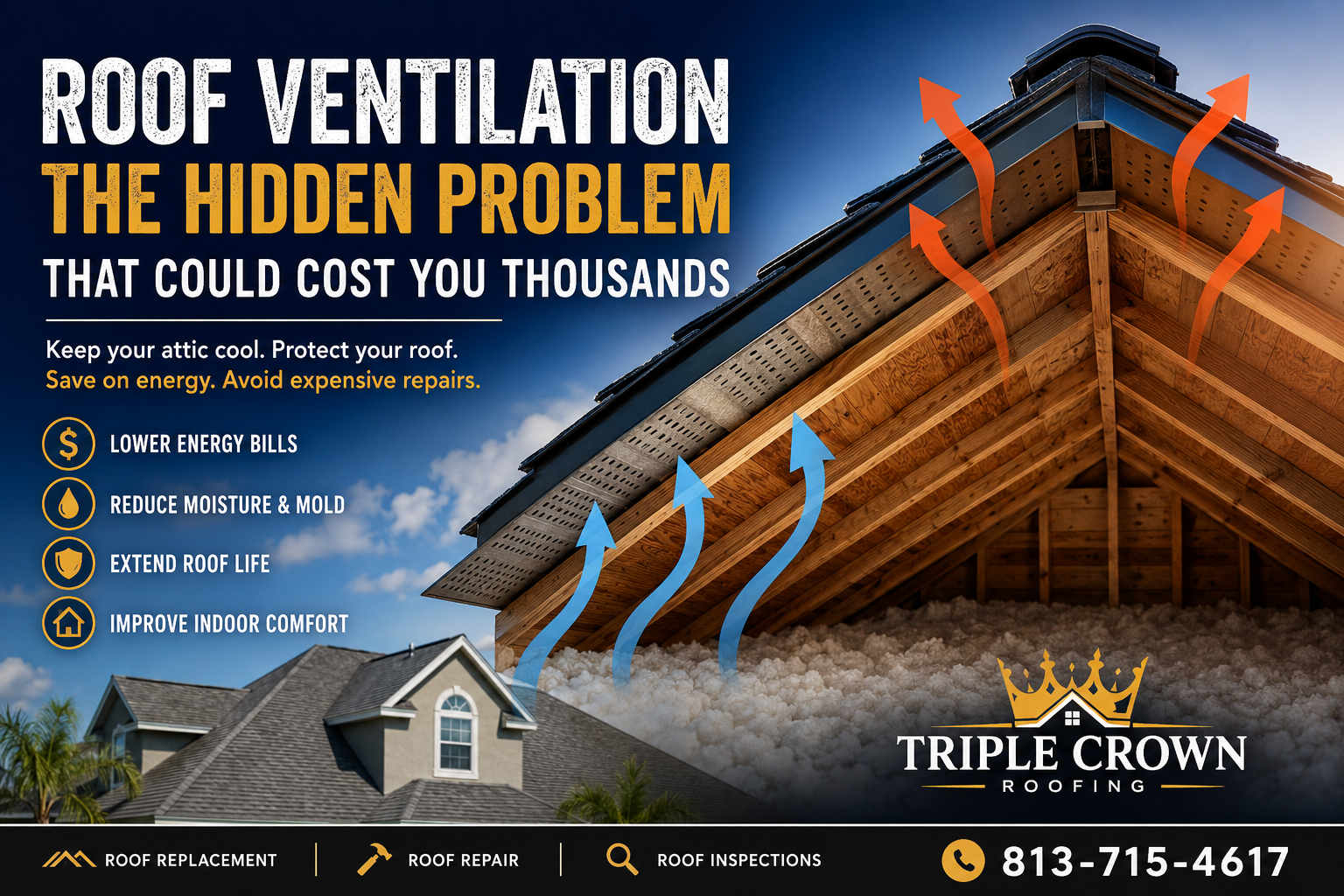Florida roof ventilation system with attic airflow designed to reduce heat buildup, lower energy cos