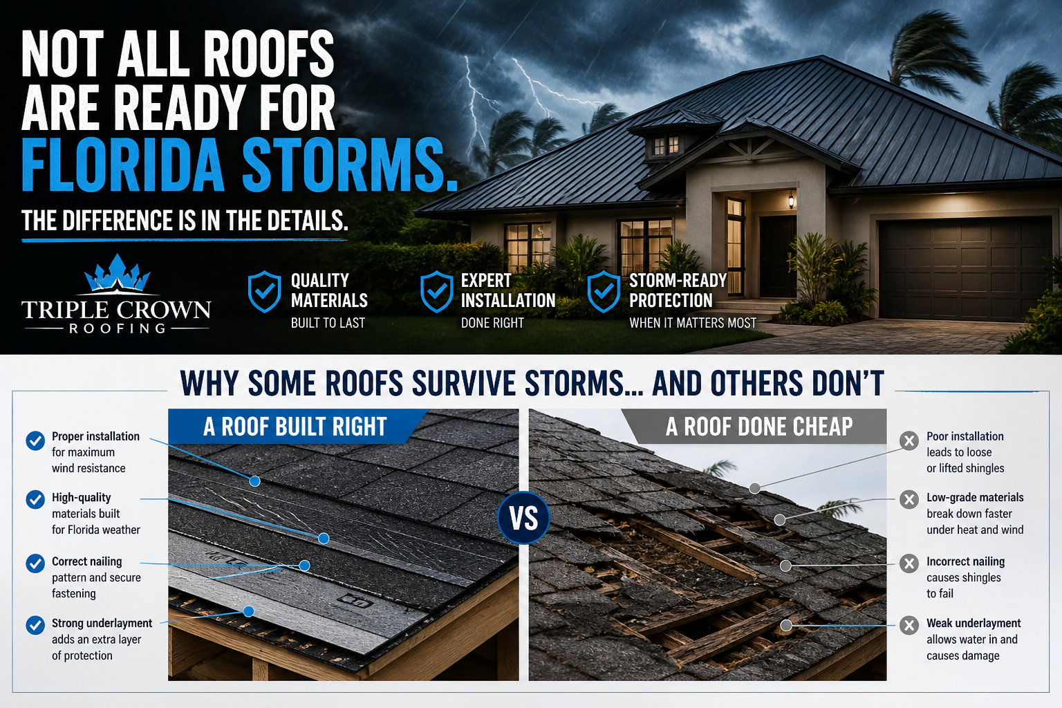 Florida storm-resistant roof vs damaged roof comparison showing installation quality differences