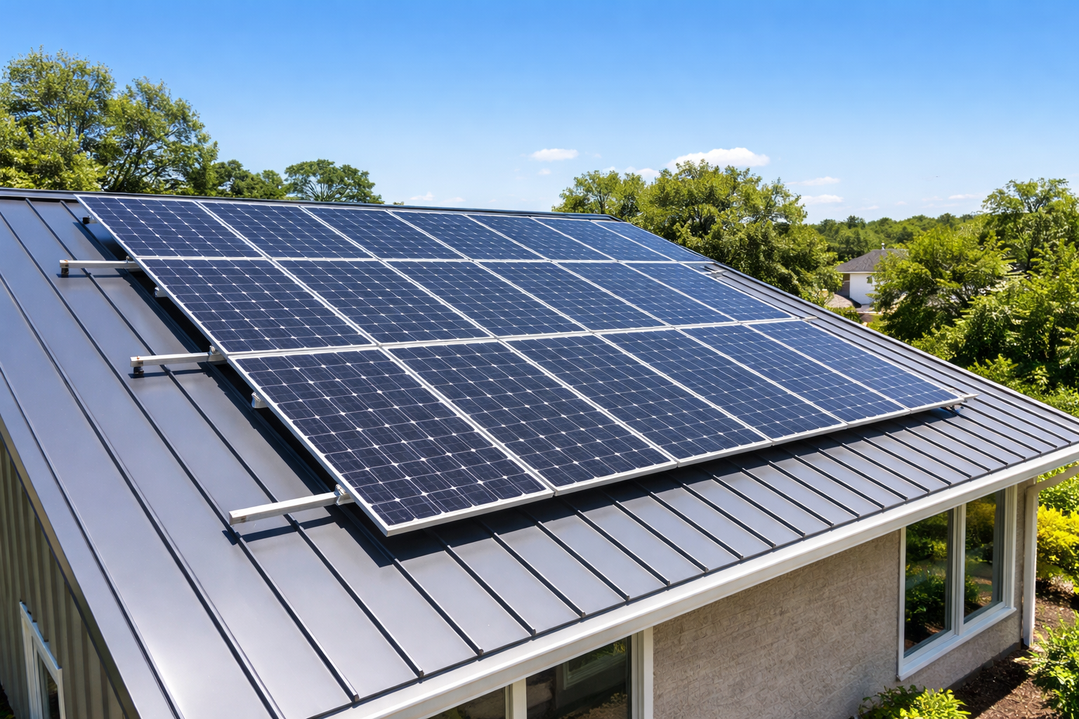 Modern home with standing seam metal roof and solar panels
