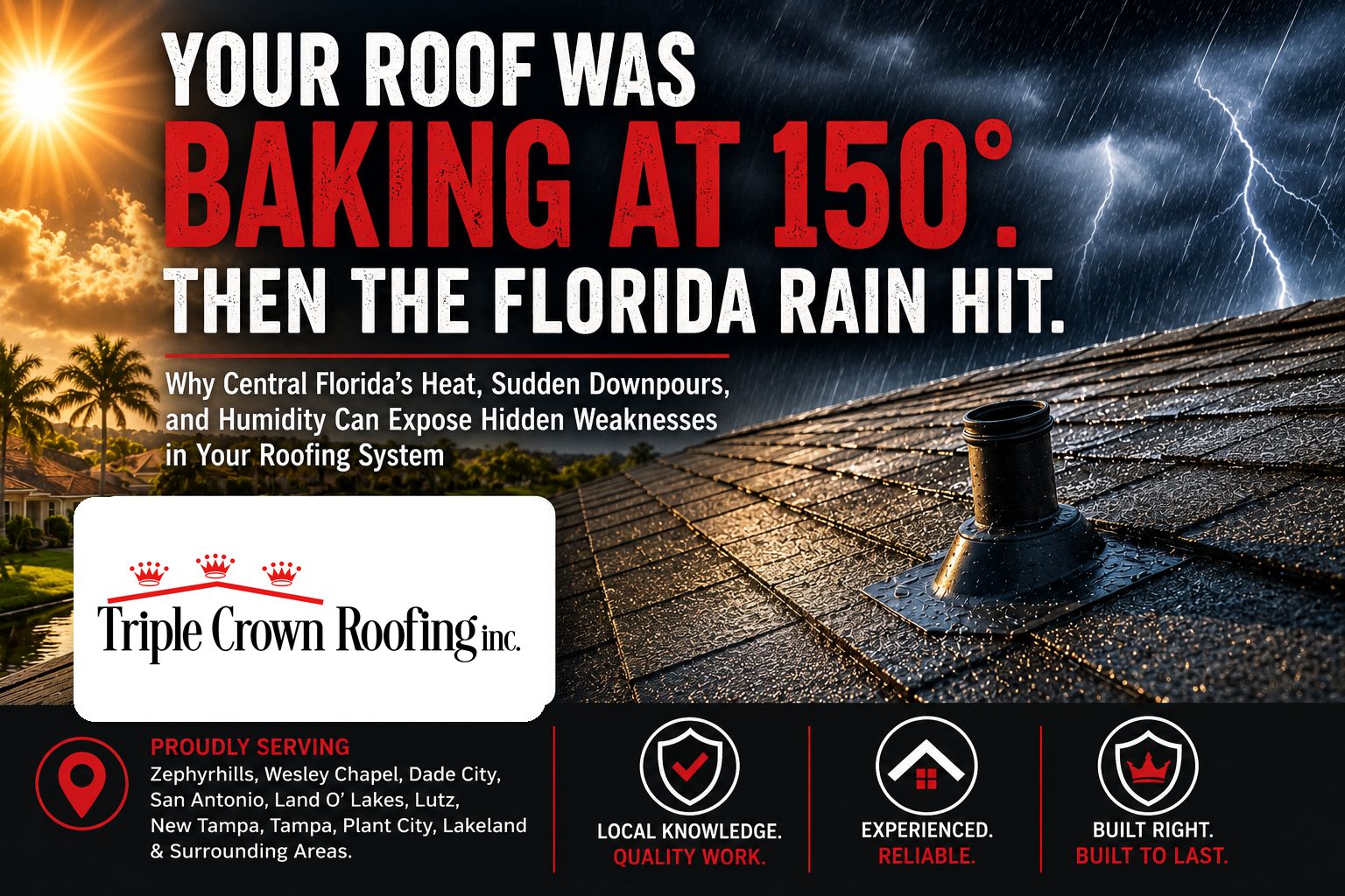 Central Florida roof exposed to extreme summer heat and sudden heavy rain with Triple Crown Roofing