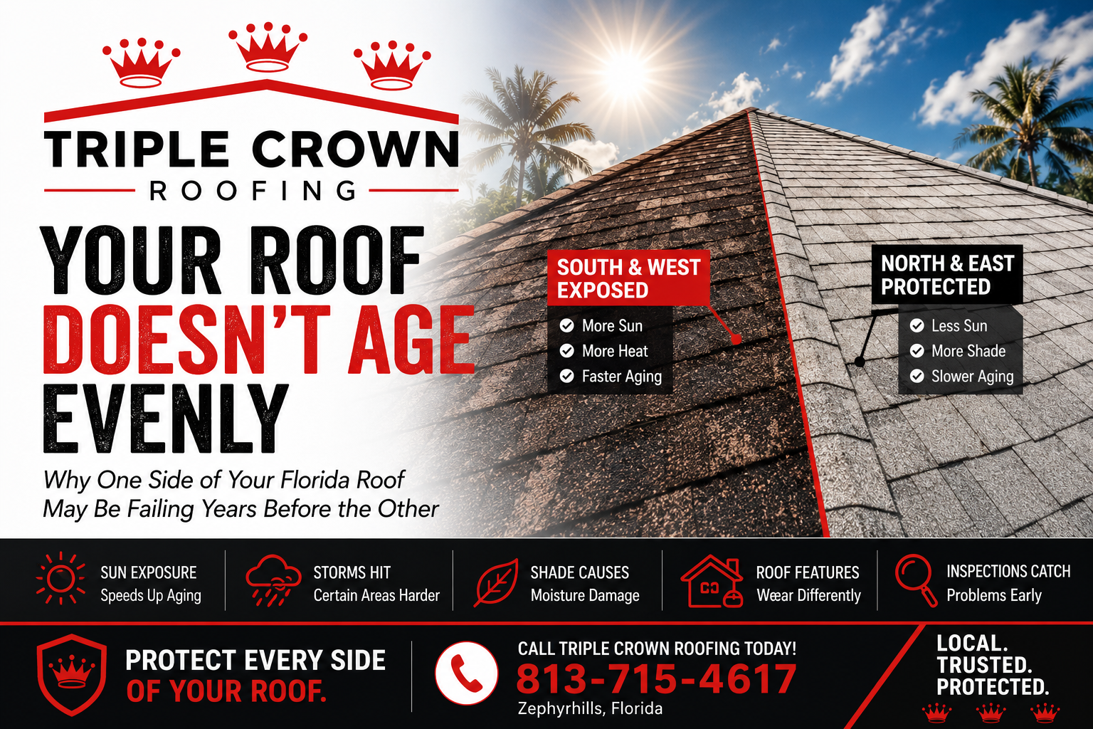 Comparison of a weathered and well-preserved Florida roof demonstrating how south- and west-facing roof slopes age faster due to intense sun exposure and harsh weather conditions.