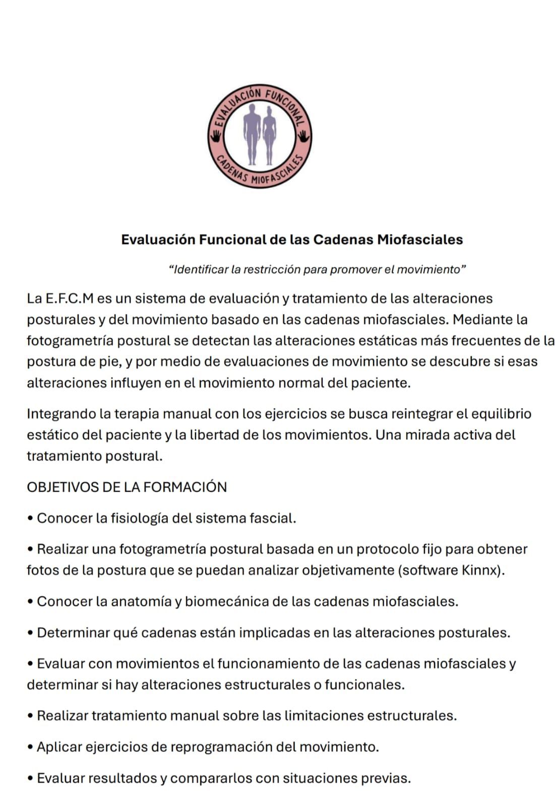 Circular logo reading “Evaluación Funcional Cadenas Miofasciales” with two human silhouettes on a pink background