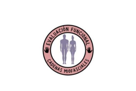 Circular logo reading “Evaluación Funcional Cadenas Miofasciales” with two human silhouettes on a pink background