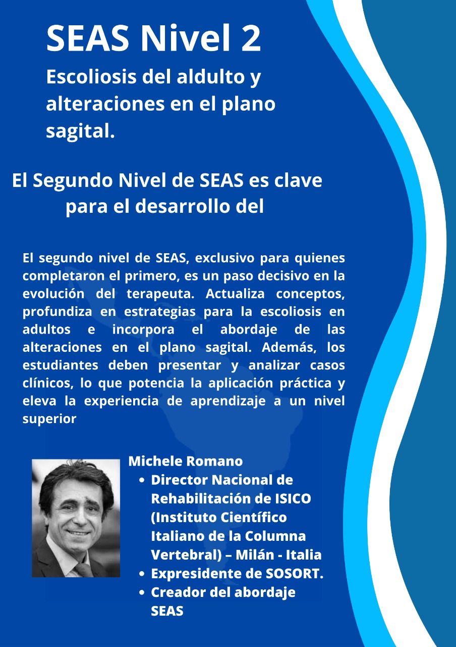 Folleto azul de SEAS sobre la especialización en escoliosis en adultos, Buenos Aires, con un hombre examinando un modelo de columna vertebral.
