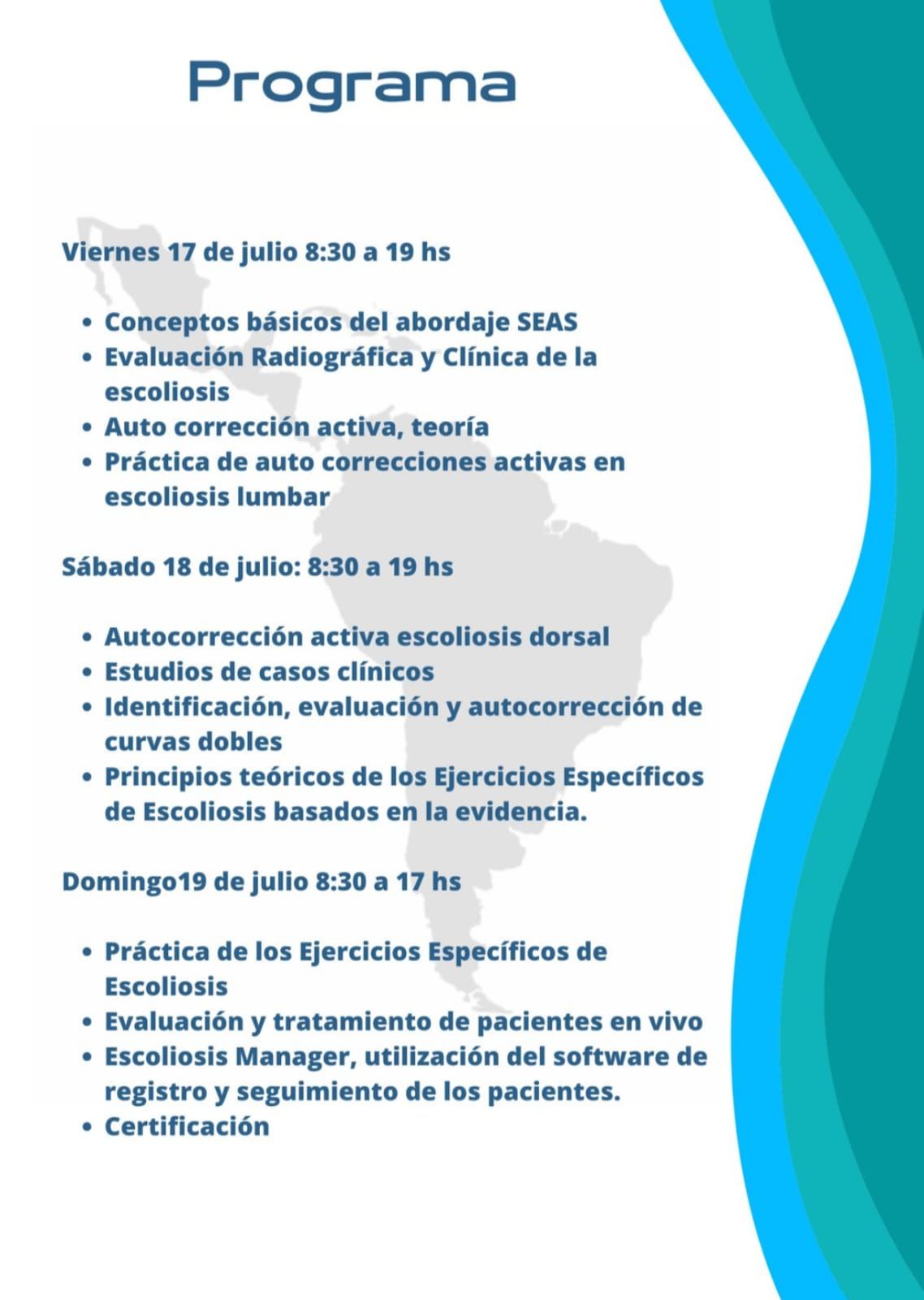 Cartel de la Especialización Internacional en Escoliosis del Adolescente, SEAS nivel 1, Buenos Aires, Argentina.