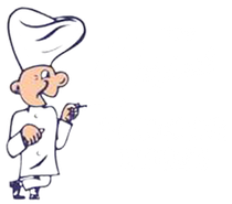 Chef in a white uniform and hat, looking at a small tool.