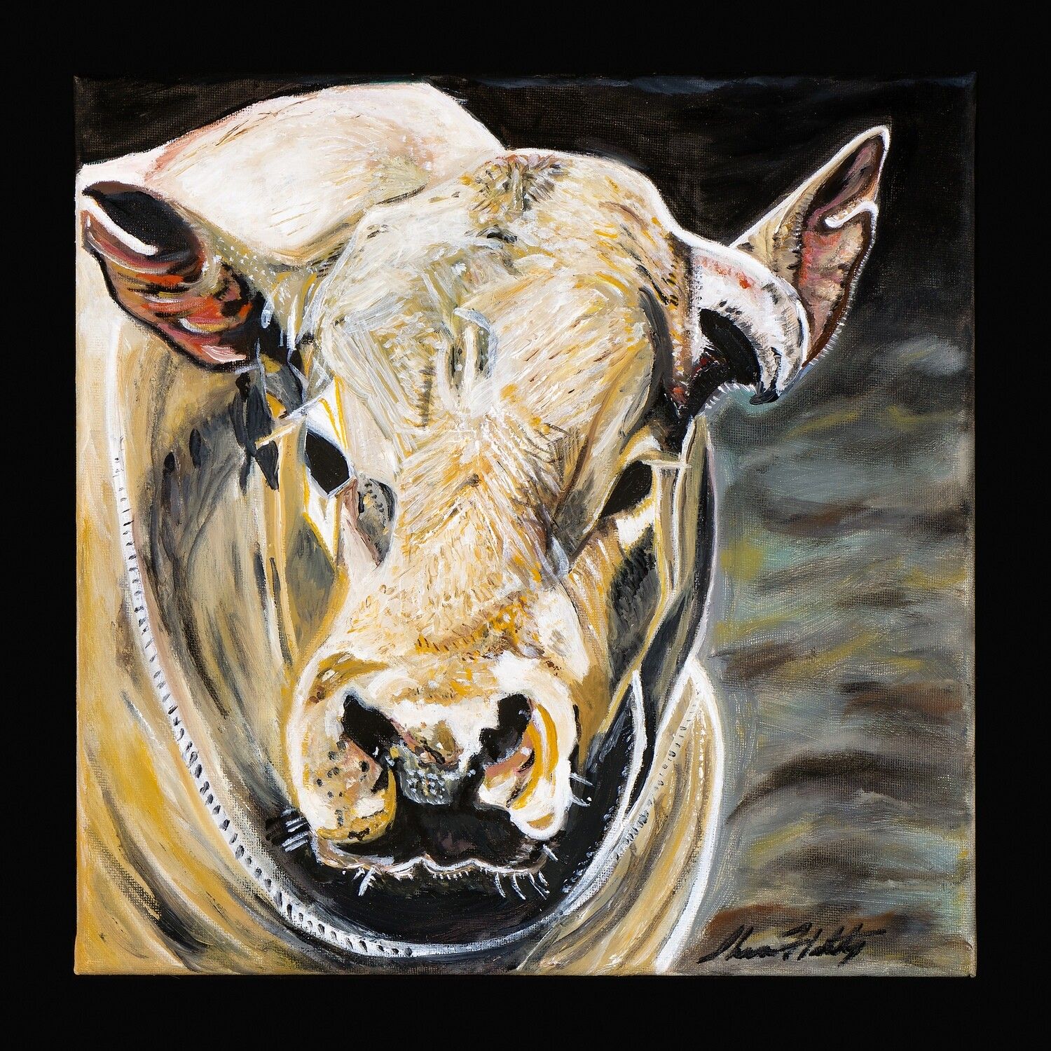 A painting of a bull with a rope around its neck