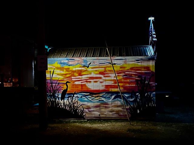 A brightly colored mural of birds and an ocean sunset