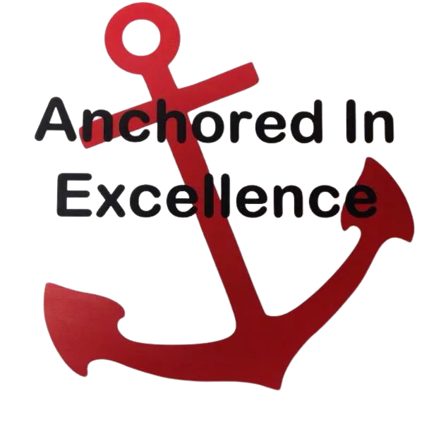 a red anchor with the words anchored in excellence below it