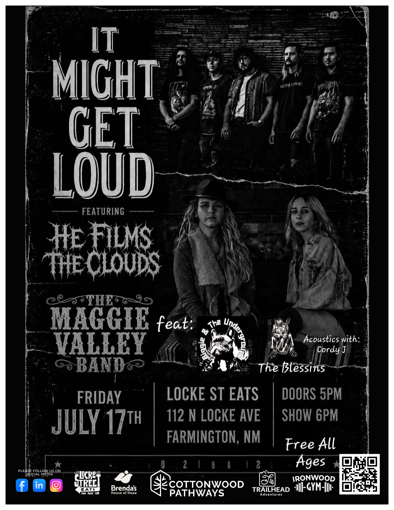 Concert poster for It Might Get Loud featuring The Fits, The Clouds, and Maggie Valley Band, July 17 in Farmington, NH