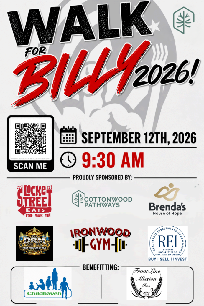 Walk for Billy 2026 poster with QR code, September 12, 2026, 9:30 AM, and sponsor logos.