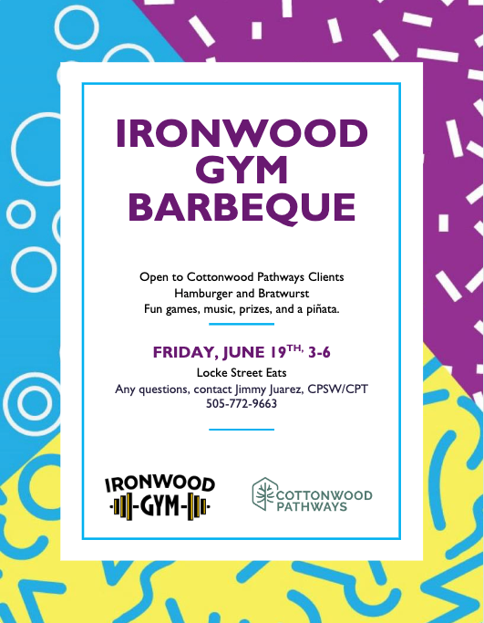 Ironwood Gym barbeque flyer with blue and purple background and event details in white box