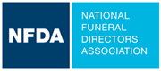 The logo for the national funeral directors association is blue and white.